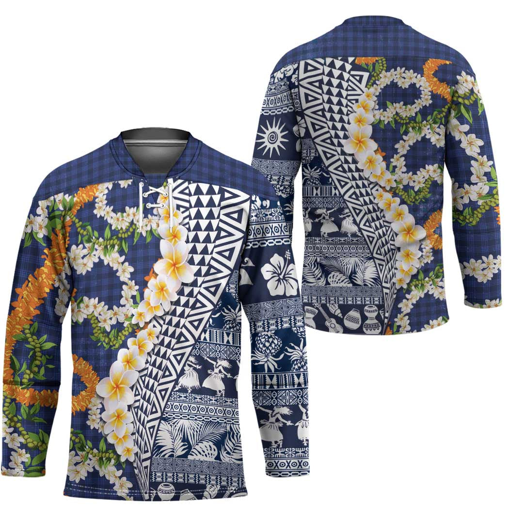 Hawaiian Plumeria Lei Hockey Jersey Kakau Motifs and Palaka Half Style Blue Color LT03 - Polynesian Pride