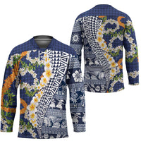 Hawaiian Plumeria Lei Hockey Jersey Kakau Motifs and Palaka Half Style Blue Color LT03 - Polynesian Pride