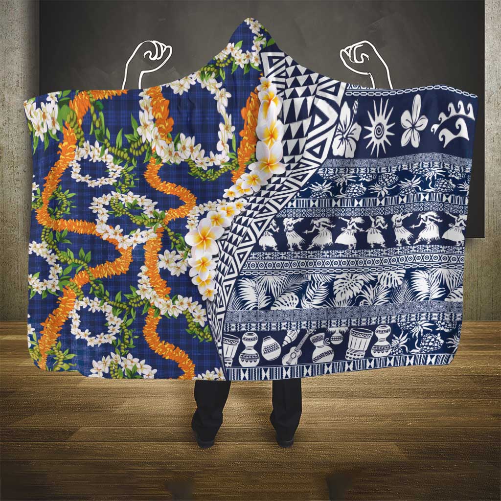 Hawaiian Plumeria Lei Hooded Blanket Kakau Motifs and Palaka Half Style Blue Color - Polynesian Pride