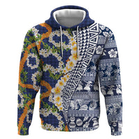 Hawaiian Plumeria Lei Hoodie Kakau Motifs and Palaka Half Style Blue Color LT03 Pullover Hoodie Blue - Polynesian Pride