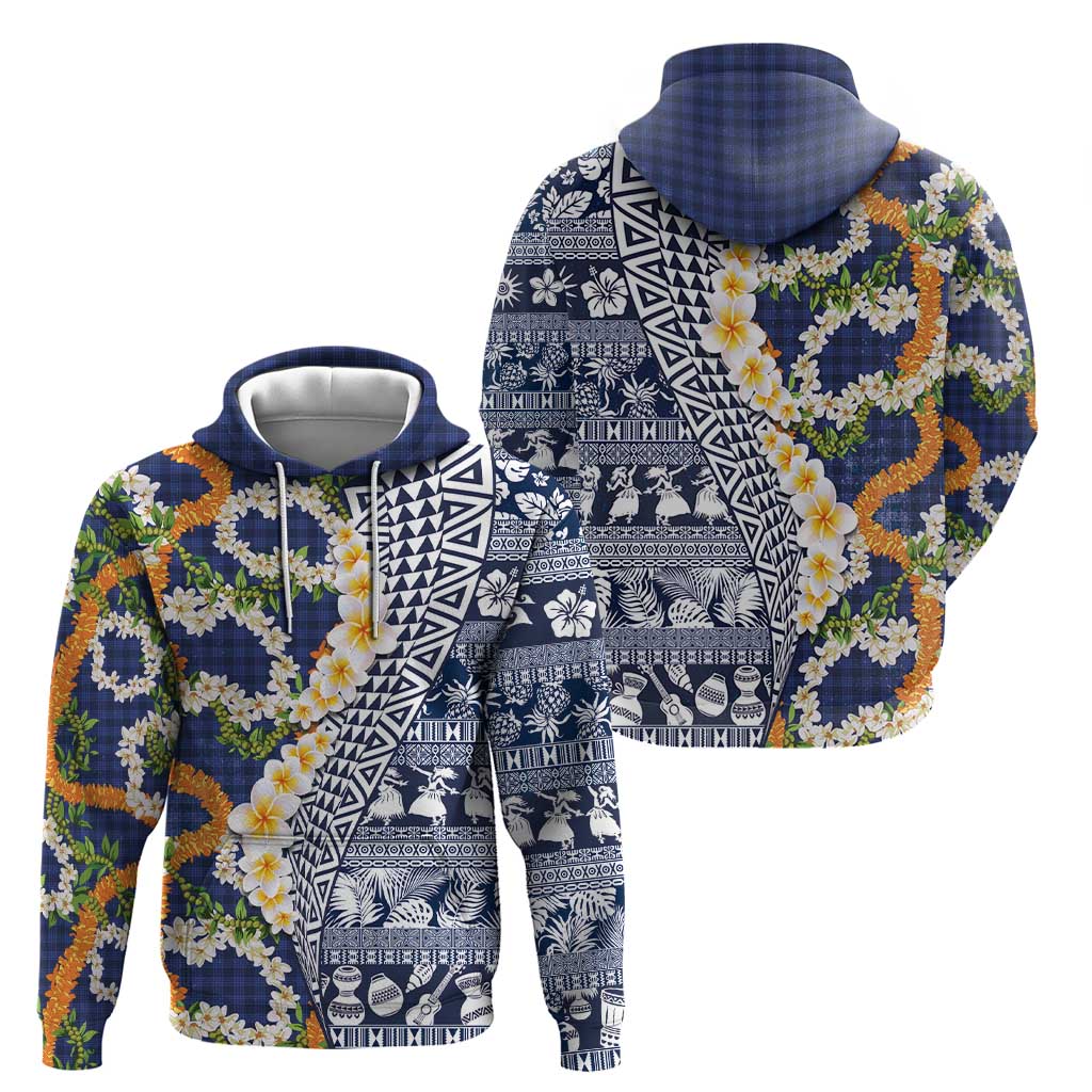 Hawaiian Plumeria Lei Hoodie Kakau Motifs and Palaka Half Style Blue Color LT03 - Polynesian Pride