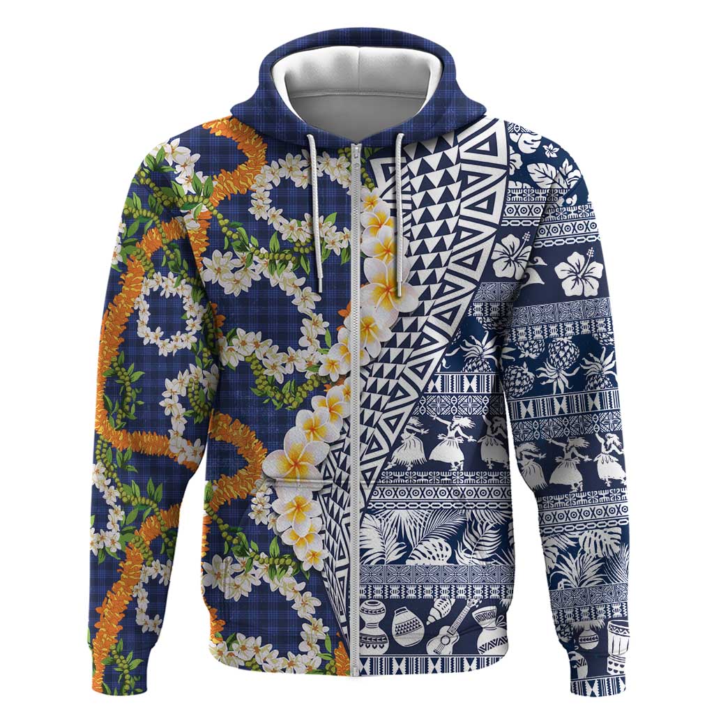 Hawaiian Plumeria Lei Hoodie Kakau Motifs and Palaka Half Style Blue Color LT03 Zip Hoodie Blue - Polynesian Pride