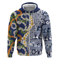 Hawaiian Plumeria Lei Hoodie Kakau Motifs and Palaka Half Style Blue Color LT03 Zip Hoodie Blue - Polynesian Pride