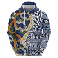 Hawaiian Plumeria Lei Hoodie Kakau Motifs and Palaka Half Style Blue Color LT03 - Polynesian Pride