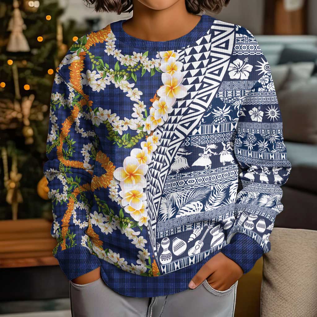 Hawaiian Plumeria Lei Kid Ugly Christmas Sweater Kakau Motifs and Palaka Half Style Blue Color - Polynesian Pride