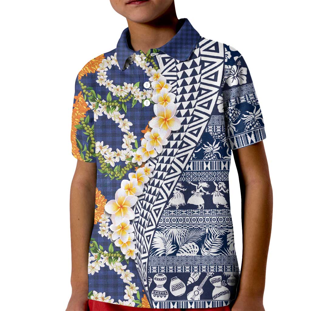 Hawaiian Plumeria Lei Kid Polo Shirt Kakau Motifs and Palaka Half Style Blue Color LT03 Kid Blue - Polynesian Pride