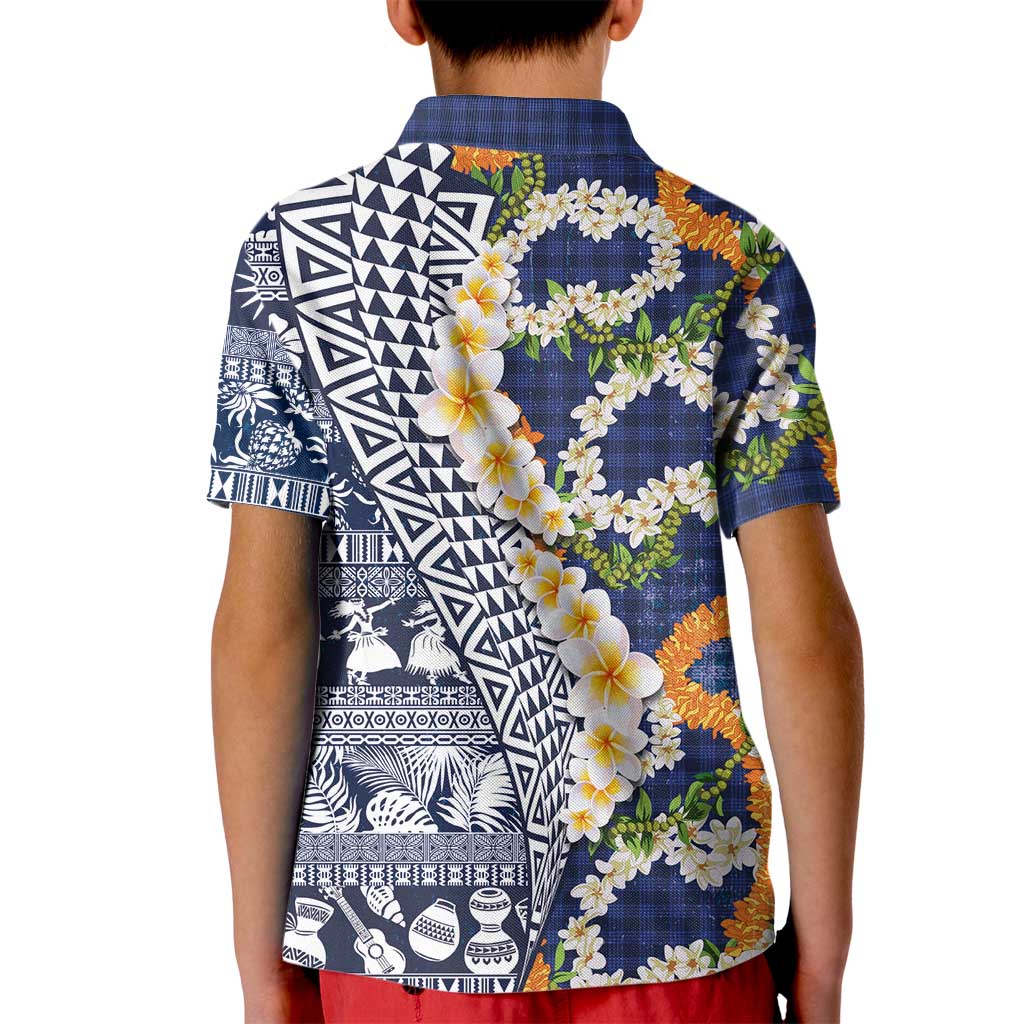 Hawaiian Plumeria Lei Kid Polo Shirt Kakau Motifs and Palaka Half Style Blue Color LT03 - Polynesian Pride