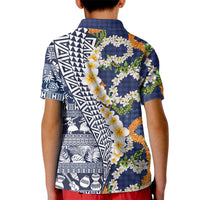 Hawaiian Plumeria Lei Kid Polo Shirt Kakau Motifs and Palaka Half Style Blue Color LT03 - Polynesian Pride