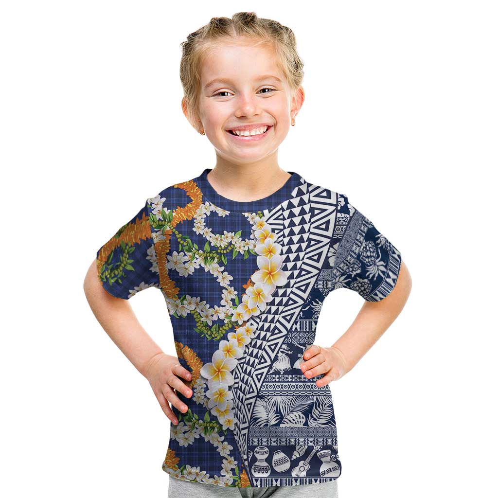 Hawaiian Plumeria Lei Kid T Shirt Kakau Motifs and Palaka Half Style Blue Color LT03 Blue - Polynesian Pride