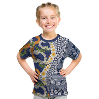 Hawaiian Plumeria Lei Kid T Shirt Kakau Motifs and Palaka Half Style Blue Color LT03 Blue - Polynesian Pride