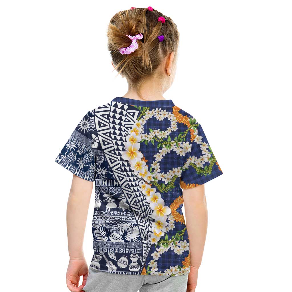 Hawaiian Plumeria Lei Kid T Shirt Kakau Motifs and Palaka Half Style Blue Color LT03 - Polynesian Pride