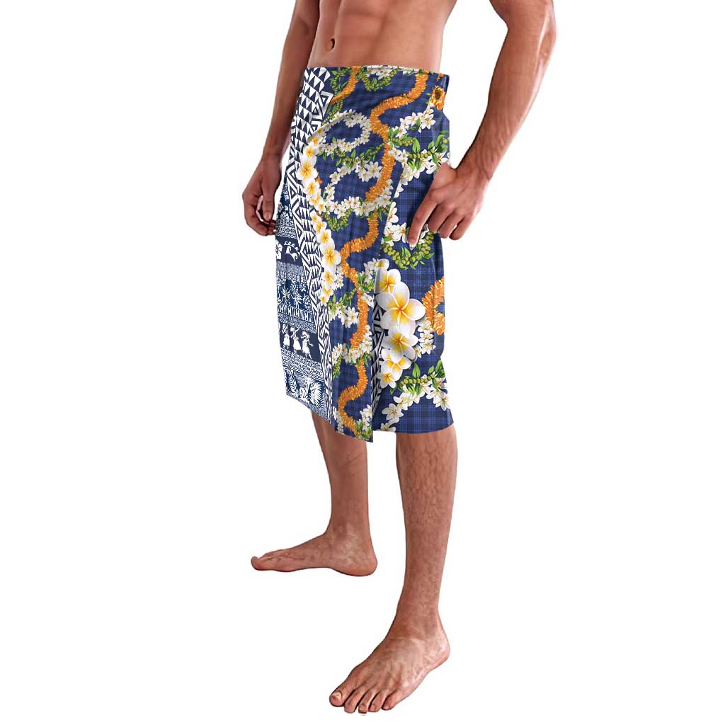 Hawaiian Plumeria Lei Lavalava Kakau Motifs and Palaka Half Style Blue Color LT03 - Polynesian Pride
