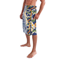 Hawaiian Plumeria Lei Lavalava Kakau Motifs and Palaka Half Style Blue Color LT03 - Polynesian Pride