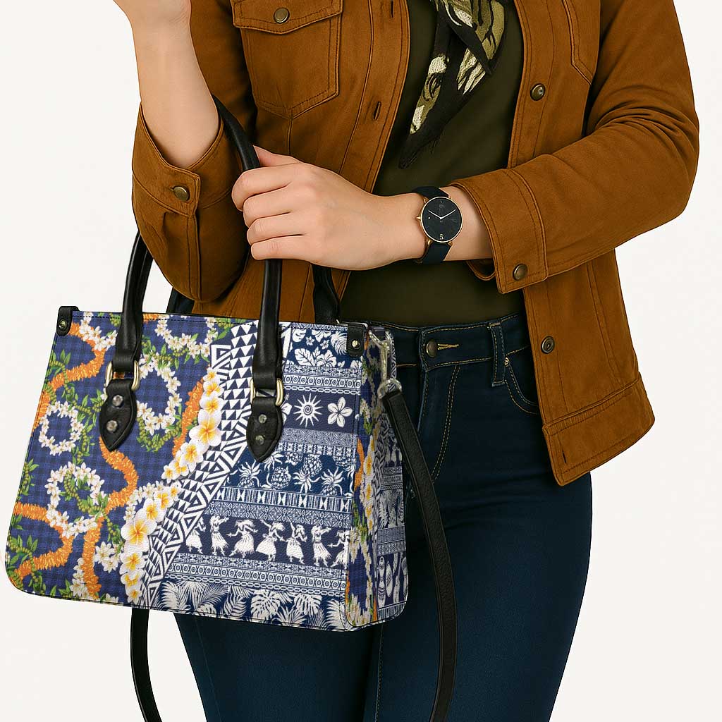 Hawaiian Plumeria Lei Leather Bag Kakau Motifs and Palaka Half Style Blue Color - Polynesian Pride