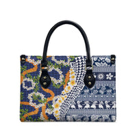 Hawaiian Plumeria Lei Leather Bag Kakau Motifs and Palaka Half Style Blue Color - Polynesian Pride