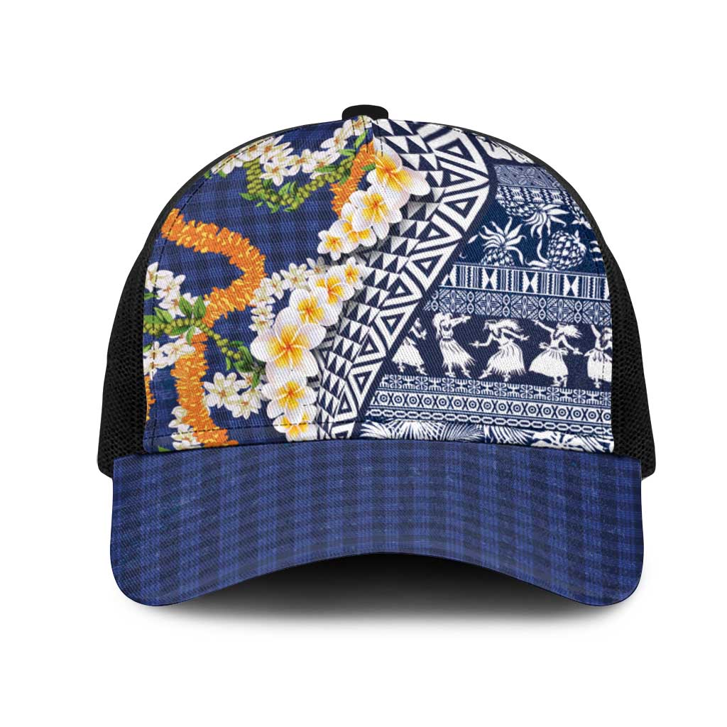 Hawaiian Plumeria Lei Mesh Trucker Cap Kakau Motifs and Palaka Half Style Blue Color - Polynesian Pride