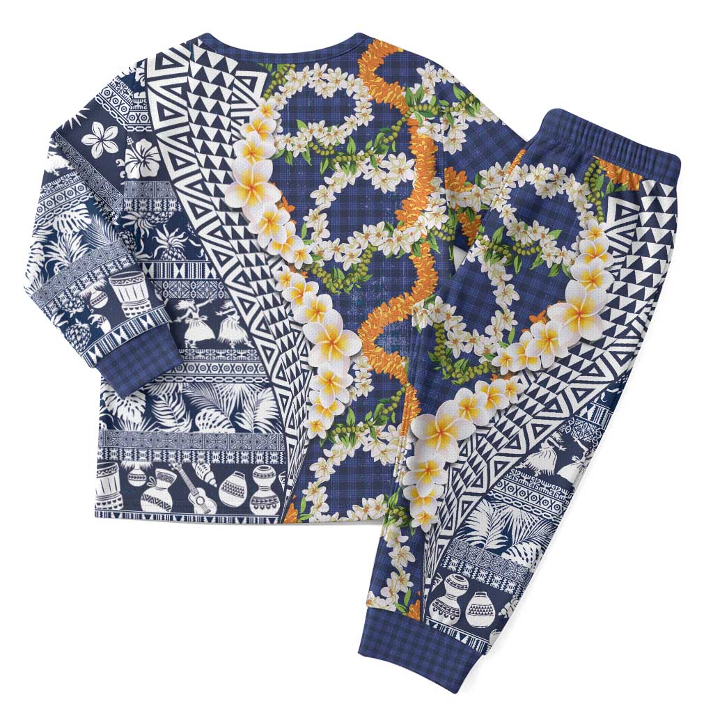 Hawaiian Plumeria Lei Christmas Pajama Set Kakau Motifs and Palaka Half Style Blue Color - Polynesian Pride
