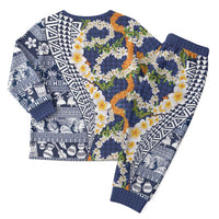 Hawaiian Plumeria Lei Christmas Pajama Set Kakau Motifs and Palaka Half Style Blue Color - Polynesian Pride
