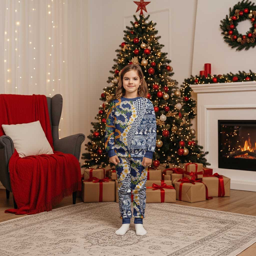 Hawaiian Plumeria Lei Christmas Pajama Set Kakau Motifs and Palaka Half Style Blue Color - Polynesian Pride