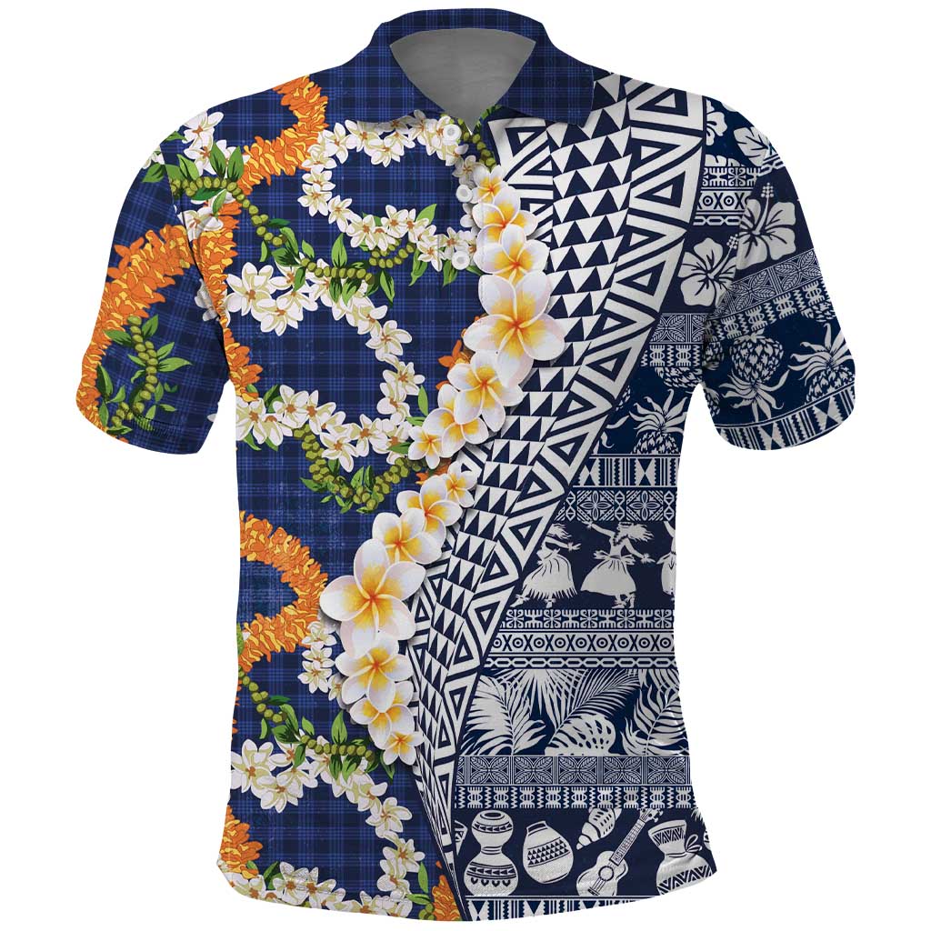 Hawaiian Plumeria Lei Polo Shirt Kakau Motifs and Palaka Half Style Blue Color LT03 Blue - Polynesian Pride