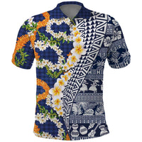 Hawaiian Plumeria Lei Polo Shirt Kakau Motifs and Palaka Half Style Blue Color LT03 Blue - Polynesian Pride