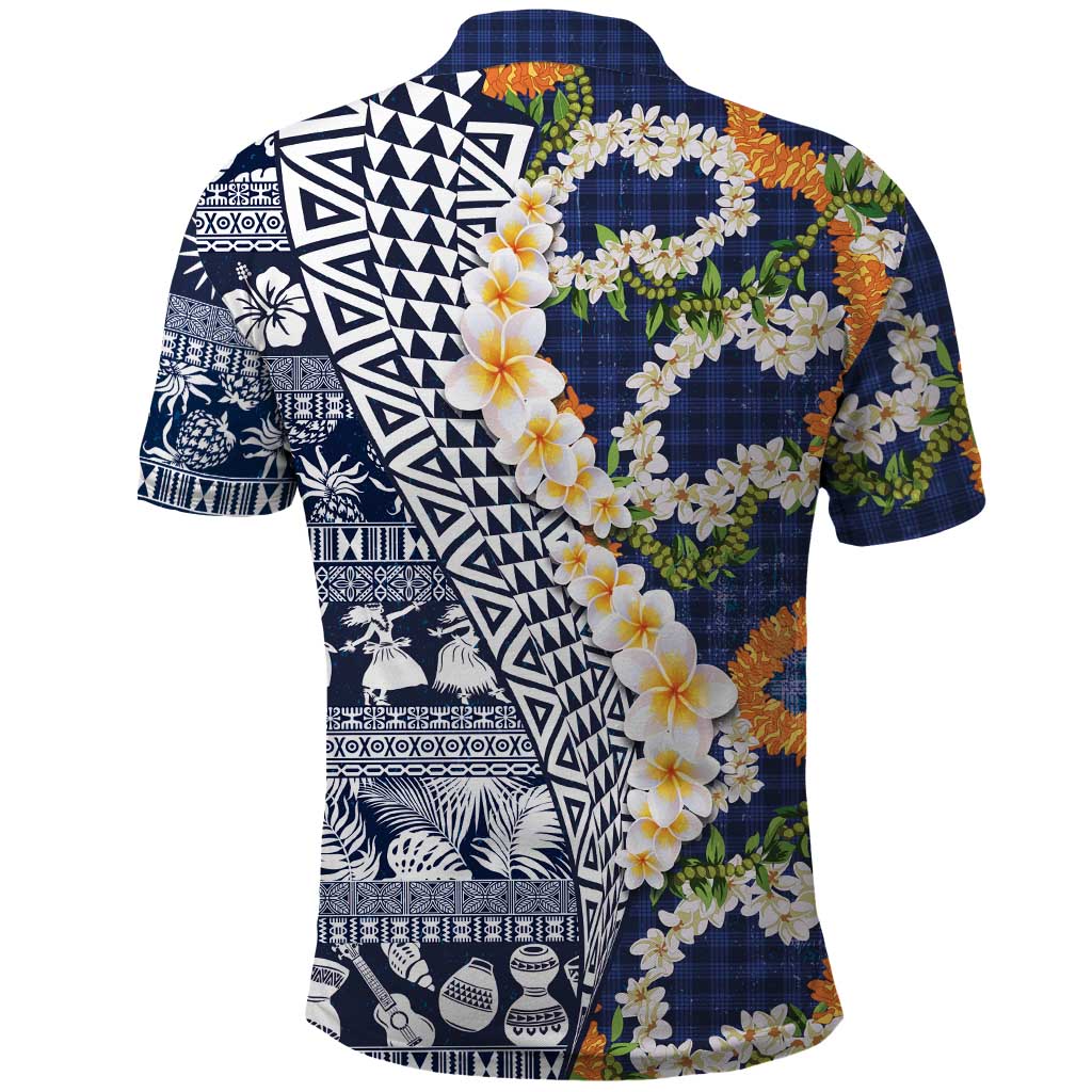 Hawaiian Plumeria Lei Polo Shirt Kakau Motifs and Palaka Half Style Blue Color LT03 - Polynesian Pride