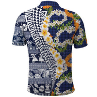 Hawaiian Plumeria Lei Polo Shirt Kakau Motifs and Palaka Half Style Blue Color LT03 - Polynesian Pride