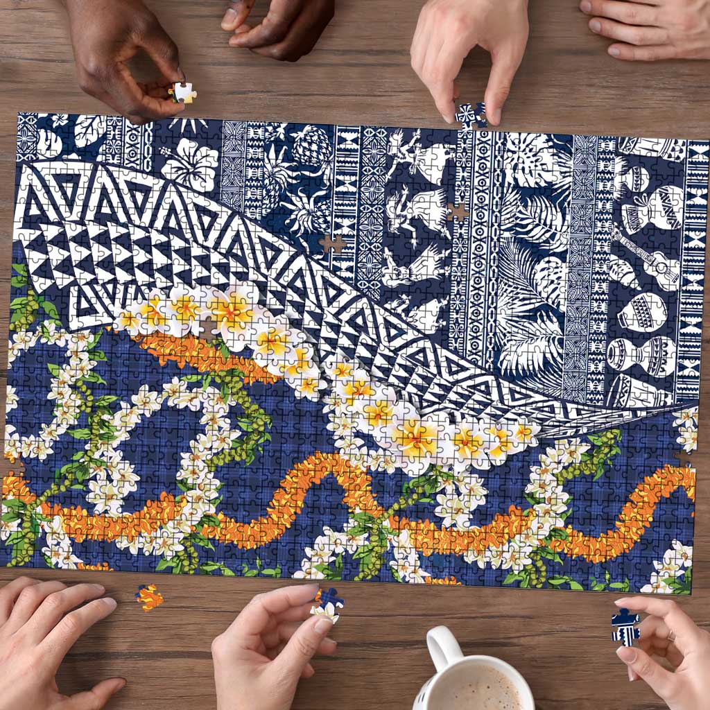 Hawaiian Plumeria Lei Puzzle Kakau Motifs and Palaka Half Style Blue Color - Polynesian Pride