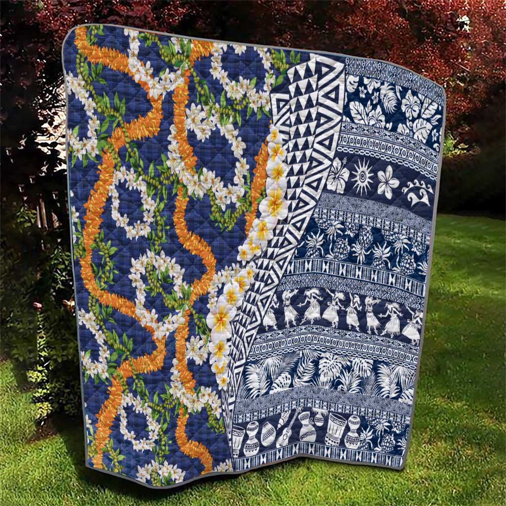 Hawaiian Plumeria Lei Quilt Kakau Motifs and Palaka Half Style Blue Color LT03 - Polynesian Pride
