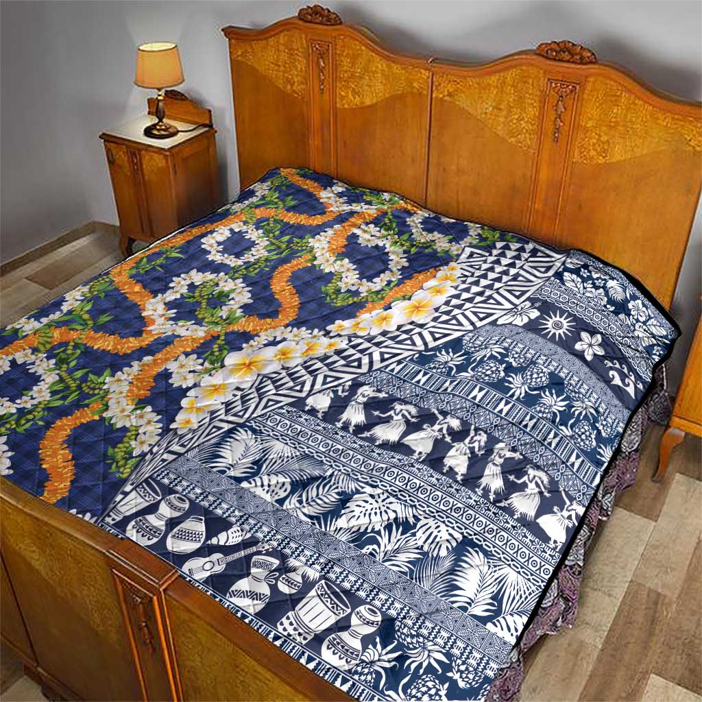 Hawaiian Plumeria Lei Quilt Kakau Motifs and Palaka Half Style Blue Color LT03 - Polynesian Pride
