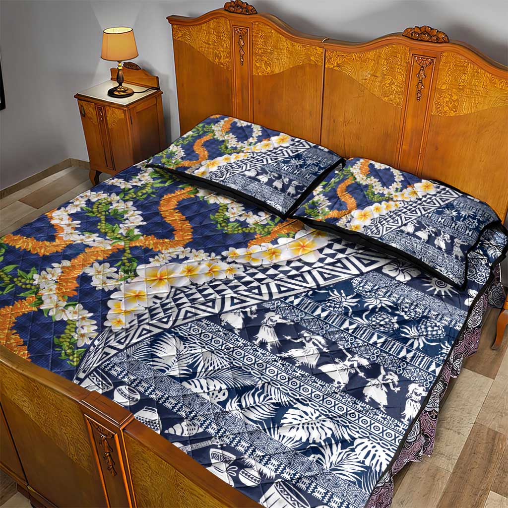 Hawaiian Plumeria Lei Quilt Bed Set Kakau Motifs and Palaka Half Style Blue Color - Polynesian Pride