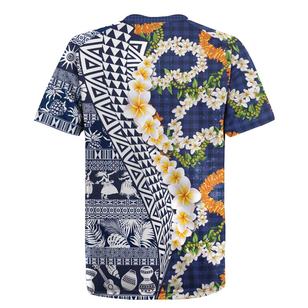 Hawaiian Plumeria Lei Rugby Jersey Kakau Motifs and Palaka Half Style Blue Color - Polynesian Pride