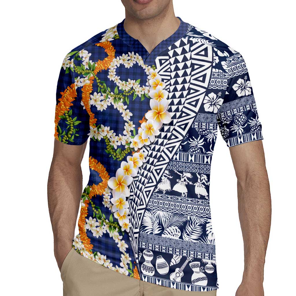 Hawaiian Plumeria Lei Rugby Jersey Kakau Motifs and Palaka Half Style Blue Color - Polynesian Pride