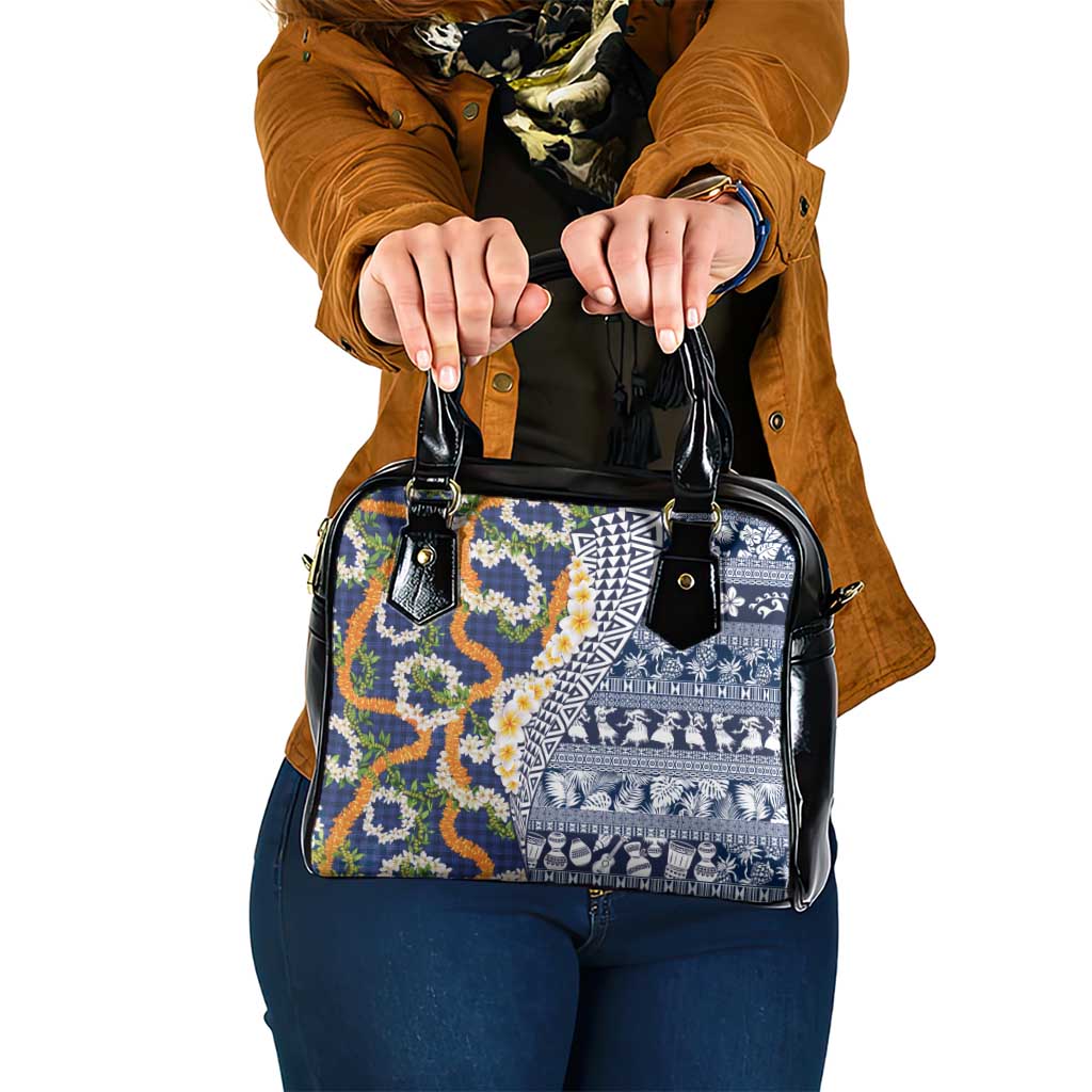 Hawaiian Plumeria Lei Shoulder Handbag Kakau Motifs and Palaka Half Style Blue Color - Polynesian Pride