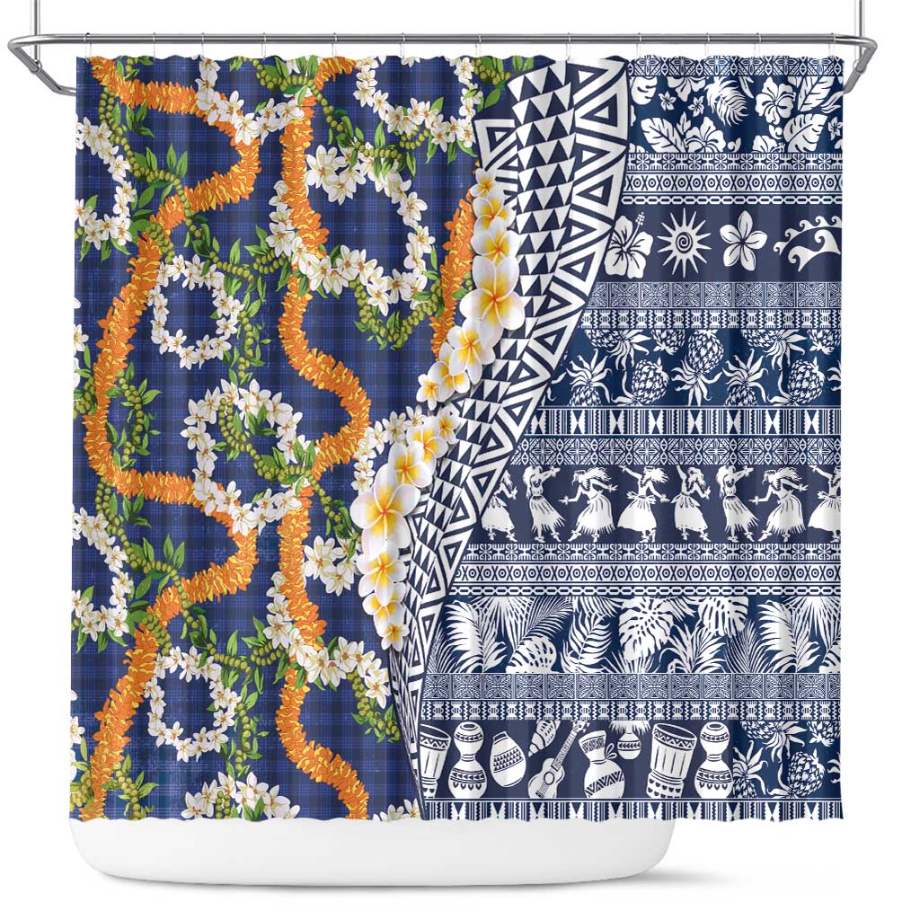 Hawaiian Plumeria Lei Shower Curtain Kakau Motifs and Palaka Half Style Blue Color LT03 Blue - Polynesian Pride