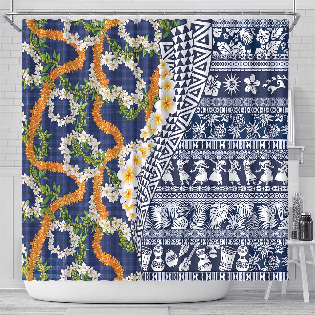 Hawaiian Plumeria Lei Shower Curtain Kakau Motifs and Palaka Half Style Blue Color LT03 - Polynesian Pride