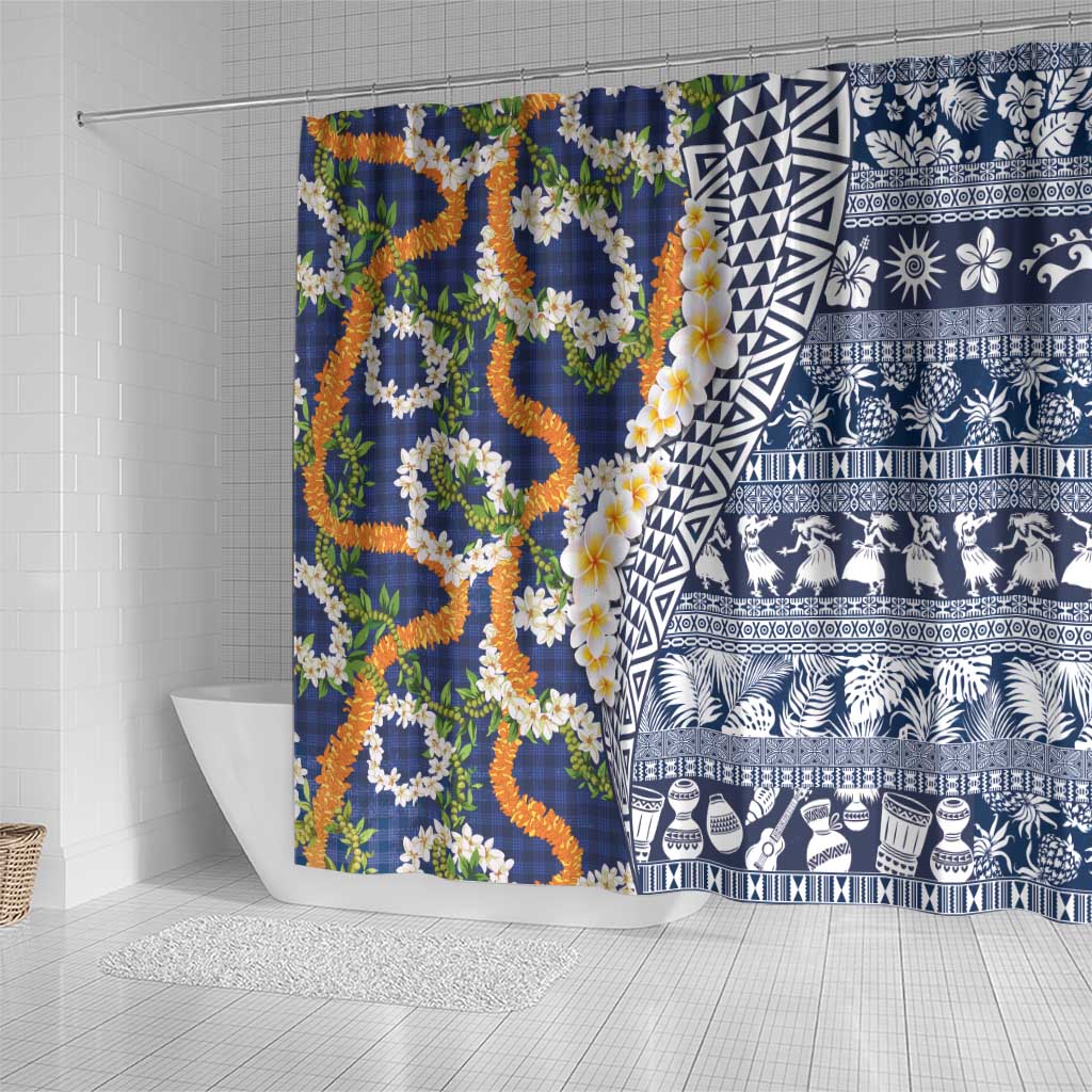 Hawaiian Plumeria Lei Shower Curtain Kakau Motifs and Palaka Half Style Blue Color LT03 - Polynesian Pride