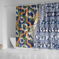 Hawaiian Plumeria Lei Shower Curtain Kakau Motifs and Palaka Half Style Blue Color LT03 - Polynesian Pride