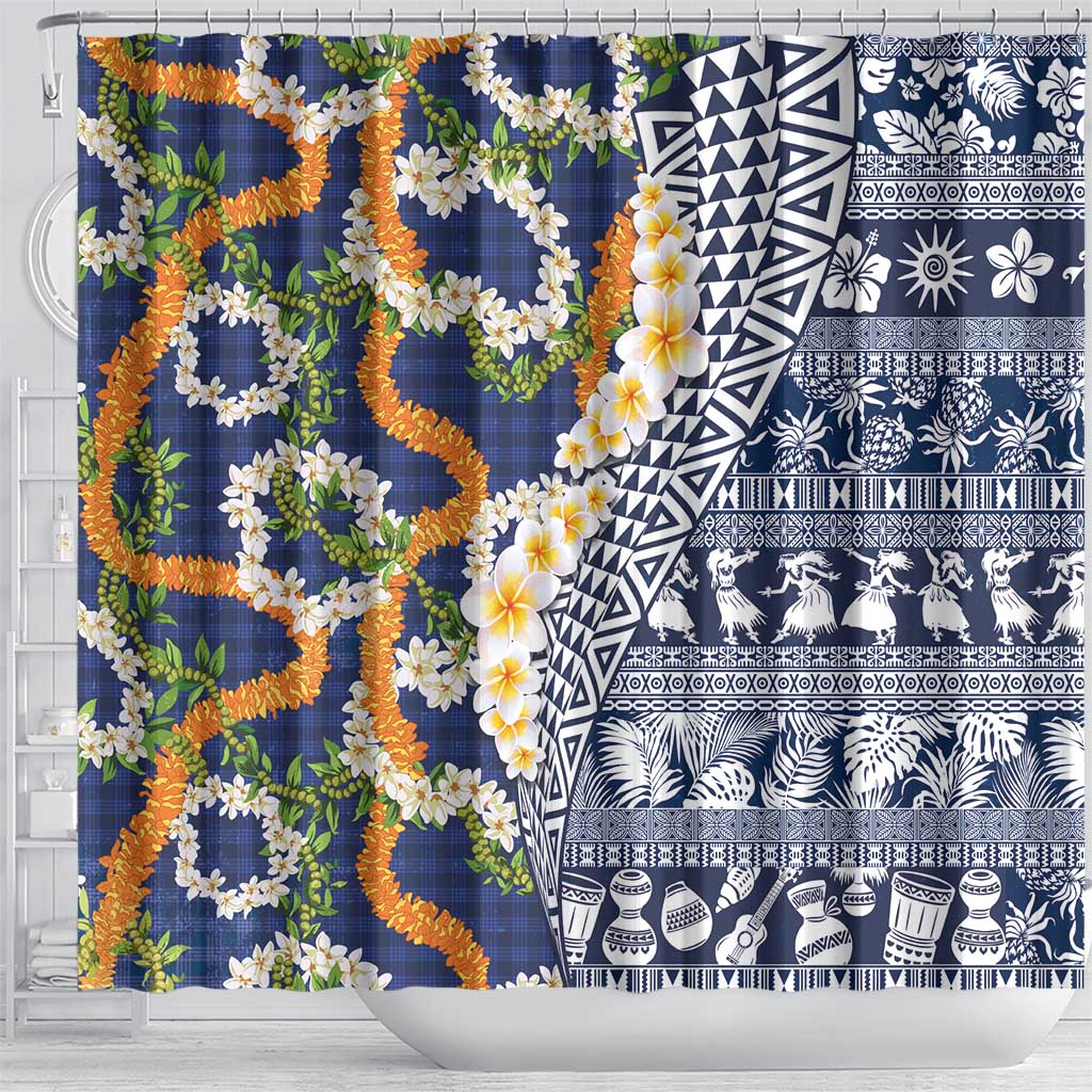 Hawaiian Plumeria Lei Shower Curtain Kakau Motifs and Palaka Half Style Blue Color LT03 - Polynesian Pride