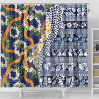 Hawaiian Plumeria Lei Shower Curtain Kakau Motifs and Palaka Half Style Blue Color LT03 - Polynesian Pride