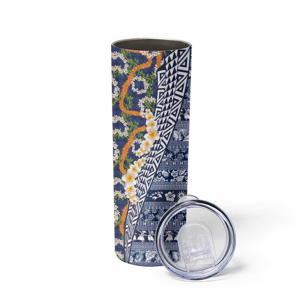 Hawaiian Plumeria Lei Skinny Tumbler Kakau Motifs and Palaka Half Style Blue Color - Polynesian Pride