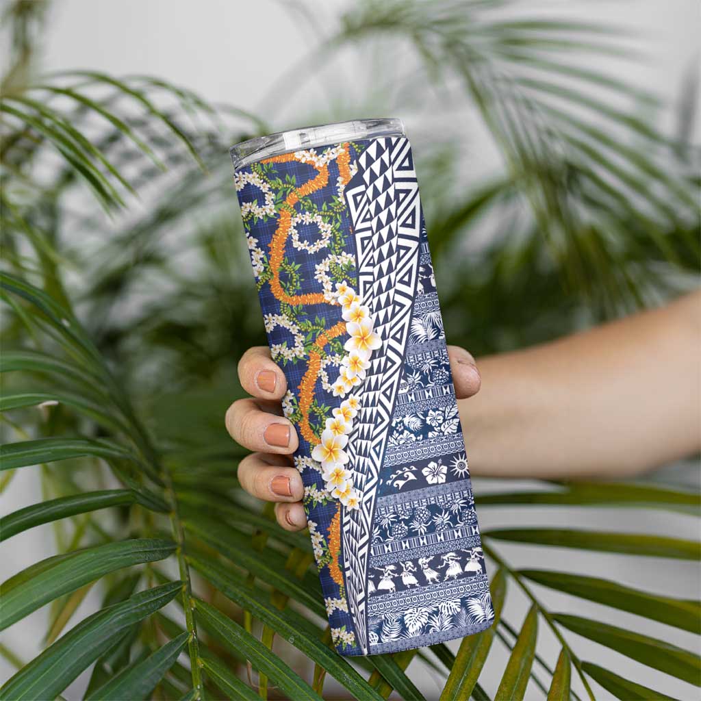 Hawaiian Plumeria Lei Skinny Tumbler Kakau Motifs and Palaka Half Style Blue Color - Polynesian Pride