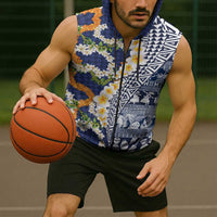 Hawaiian Plumeria Lei Sleeveless Zip Hoodie Kakau Motifs and Palaka Half Style Blue Color - Polynesian Pride