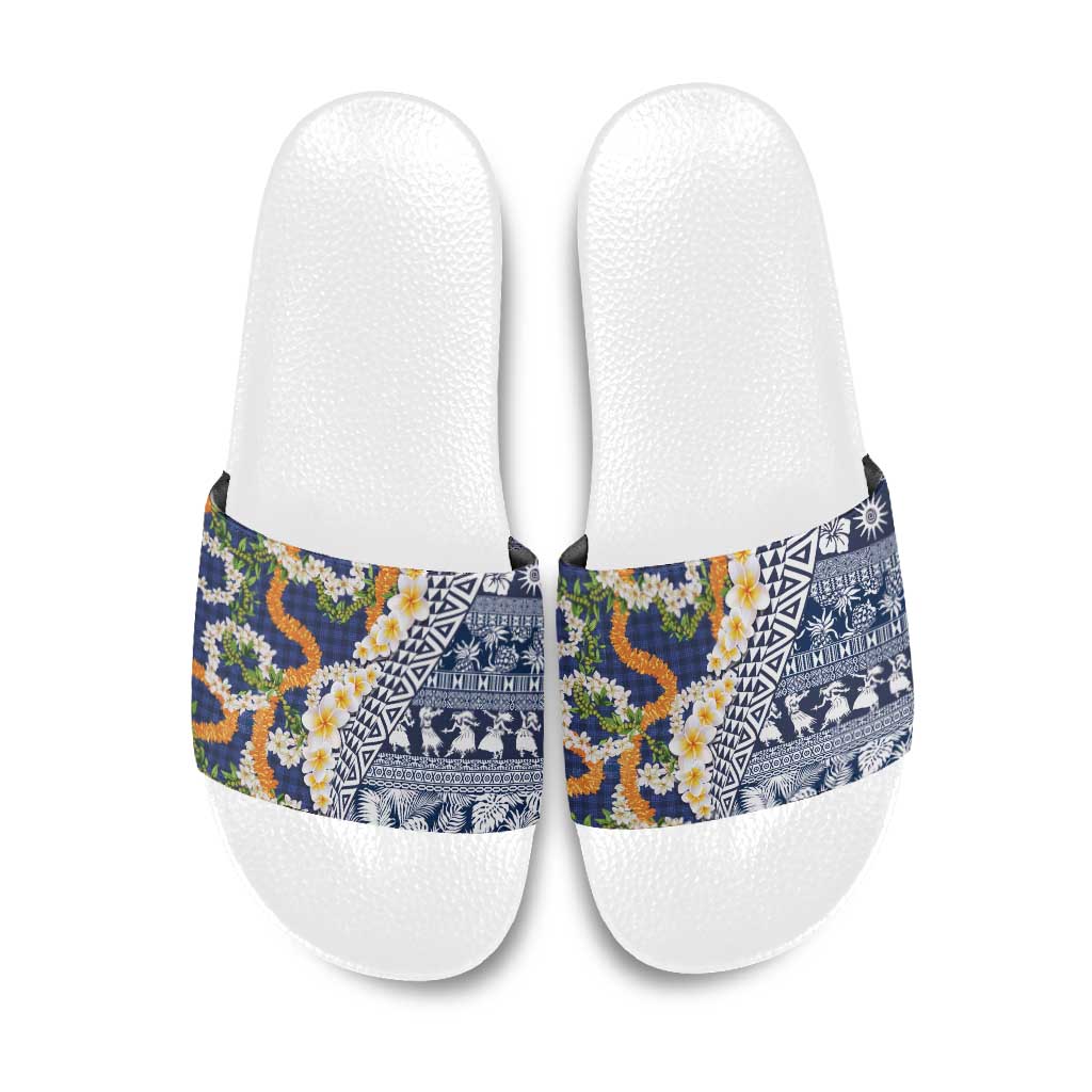 Hawaiian Plumeria Lei Slide Sandals Kakau Motifs and Palaka Half Style Blue Color - Polynesian Pride