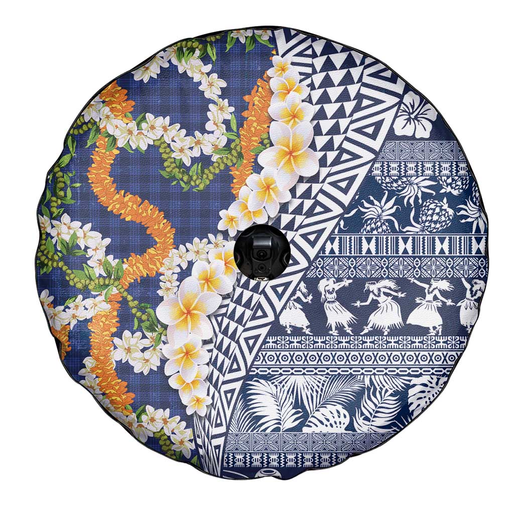 Hawaiian Plumeria Lei Spare Tire Cover Kakau Motifs and Palaka Half Style Blue Color - Polynesian Pride