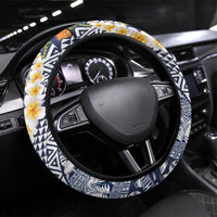 Hawaiian Plumeria Lei Steering Wheel Cover Kakau Motifs and Palaka Half Style Blue Color LT03 Universal Fit Blue - Polynesian Pride