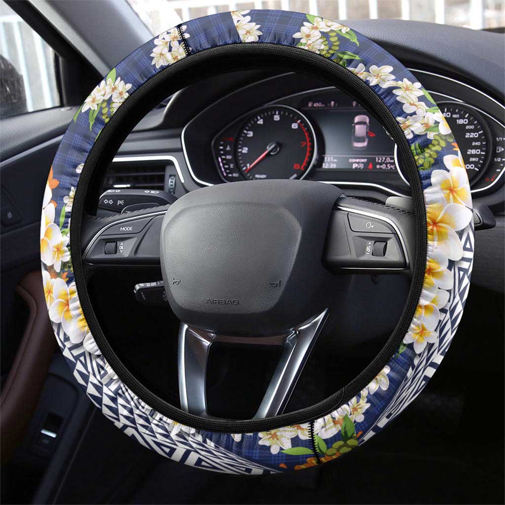Hawaiian Plumeria Lei Steering Wheel Cover Kakau Motifs and Palaka Half Style Blue Color LT03 - Polynesian Pride