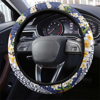 Hawaiian Plumeria Lei Steering Wheel Cover Kakau Motifs and Palaka Half Style Blue Color LT03 - Polynesian Pride