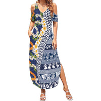 Hawaiian Plumeria Lei Summer Maxi Dress Kakau Motifs and Palaka Half Style Blue Color LT03 Women Blue - Polynesian Pride