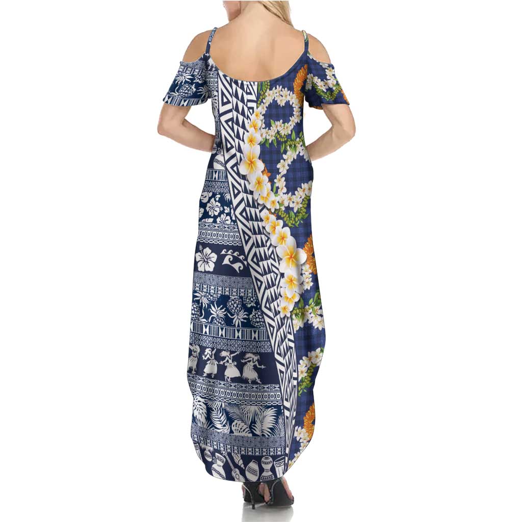 Hawaiian Plumeria Lei Summer Maxi Dress Kakau Motifs and Palaka Half Style Blue Color LT03 - Polynesian Pride